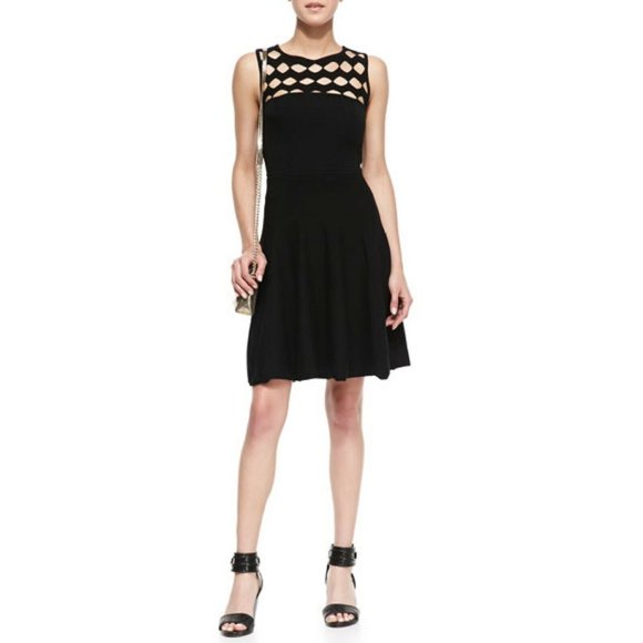 Milly Open Yoke Fit and Flare Knit Dress Black Mini Party Womens Size Small - Picture 2 of 6